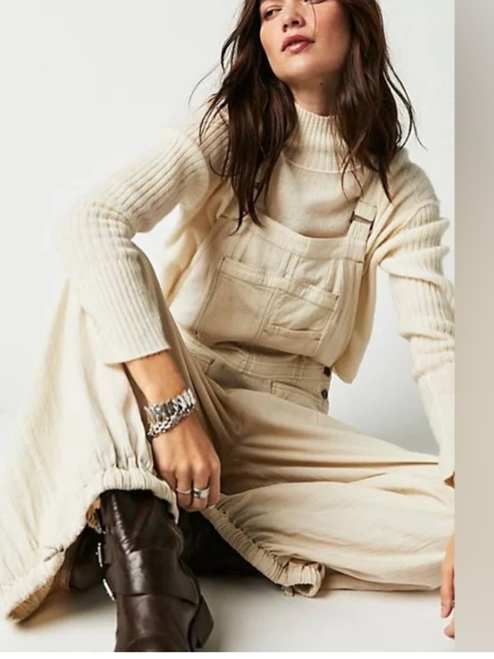 Free People Cream Overalls with Matching Knit Sweater